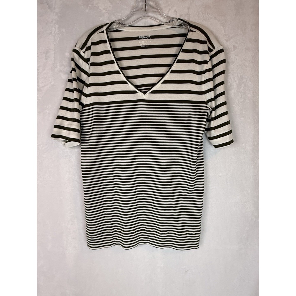 NWT Chico's Ultimate Tee Olive Green White Stripe Pima Cotton V-Neck Top Size XL